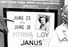 Theatre sign for Myrna Loy in Janus at Elitch Theatre.