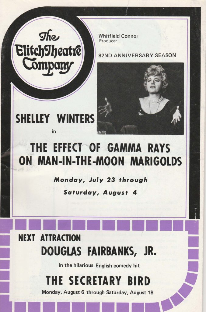 July 32, 1973 – Program Cover – Shelley Winters in The Effect of Gamma Rays on Man-in-the-Moon Marigolds. At the Elitch Theatre.