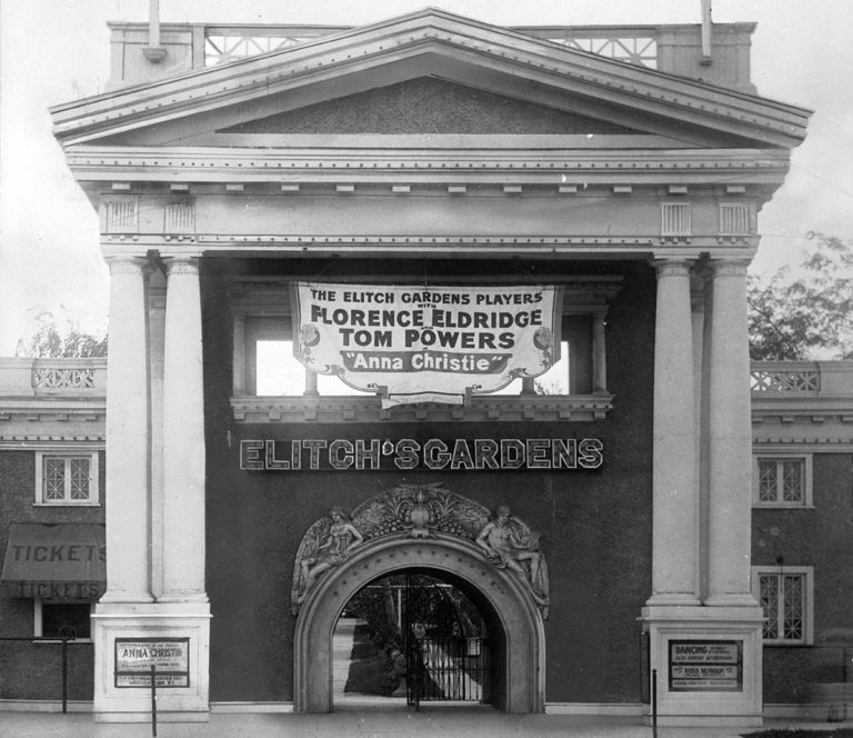 1925 entrance to Elitch Gardens advertising Anna Christie with Florence Eldridge.
