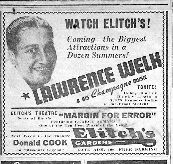 July 4, 1940 - Denver Post Ad for Lawrence Welk at Elitch Trocadero