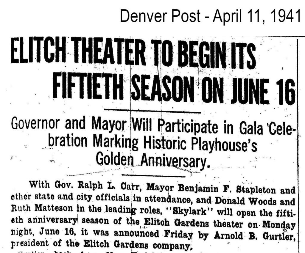 April 11, 1941 - 50th Anniversary of the Elitch Theatre. Article from the Denver Post.
