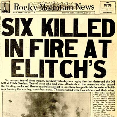 1944-07-17 – Rocky Mountain News – Old Mill Fire – Page1 Headline